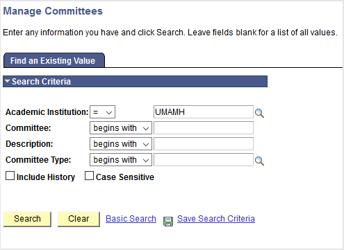 Manage committees search screen