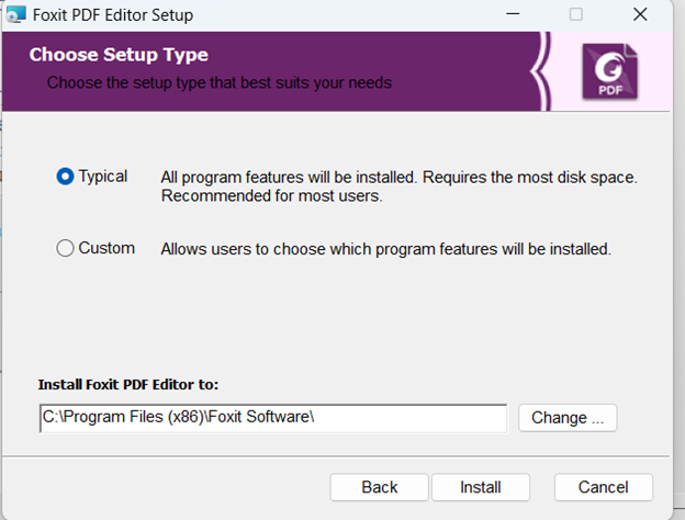  This screenshot of the Foxit PDF Editor Setup window offers users the option to choose between a ‘Typical’ or ‘Custom’ setup and displays the installation path, with the button selected for the typical setup checked. 