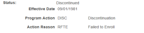 shows status field with Discontinued, Effective Date, Program Action DISC and Action Reason RFTE