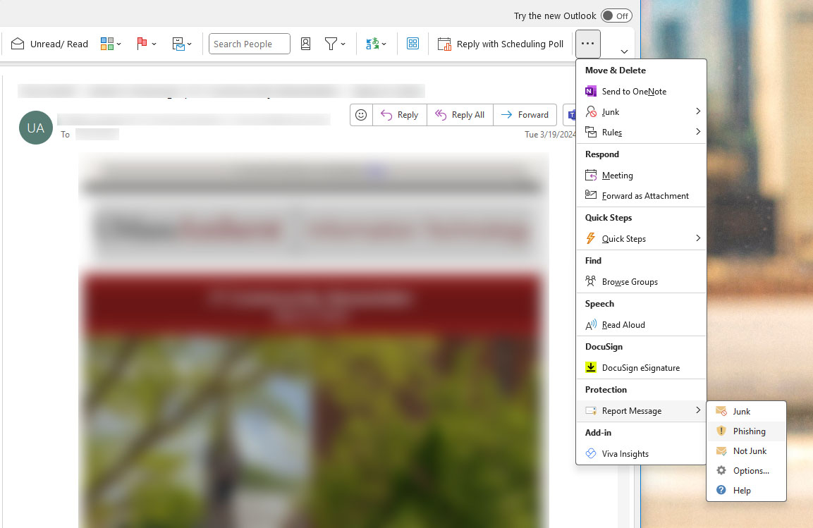Reporting phishing in outlook desktop