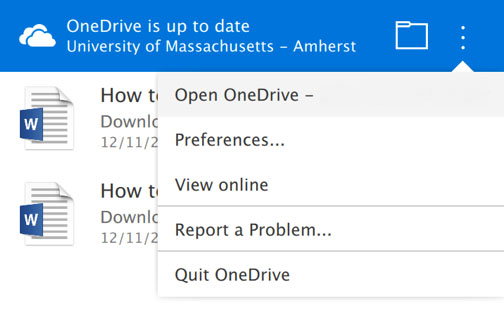 OneDrive UI showing the three dot button and preferences item in the upper right