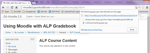 A notification blocking pop-ups on Moodle