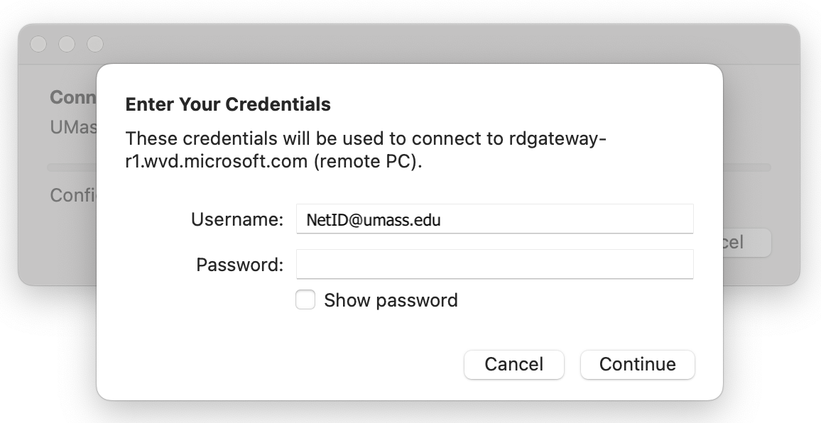 Enter Credentials to Connect to Gateway Window Message