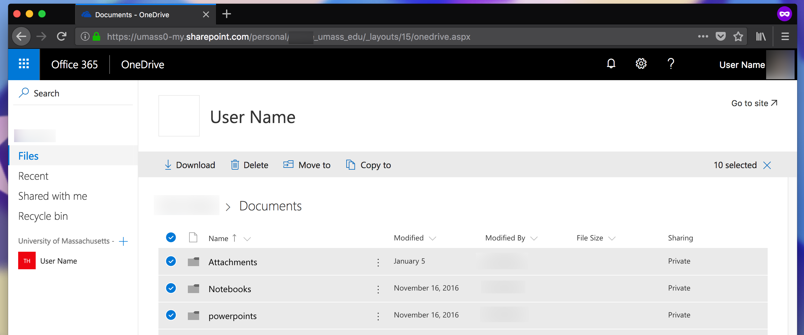 OneDrive web interface with all files selected