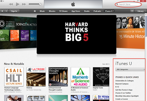 iTunes content page with search bar in top right circled