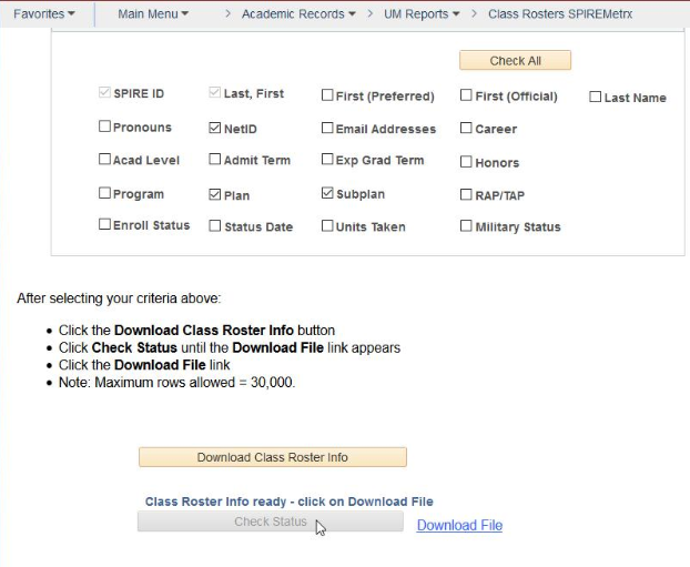 SPIREMetrx Class Rosters page, showing fields on lower half as well as the Download Class Roster Infor button. the Check Status button and the Download File link.