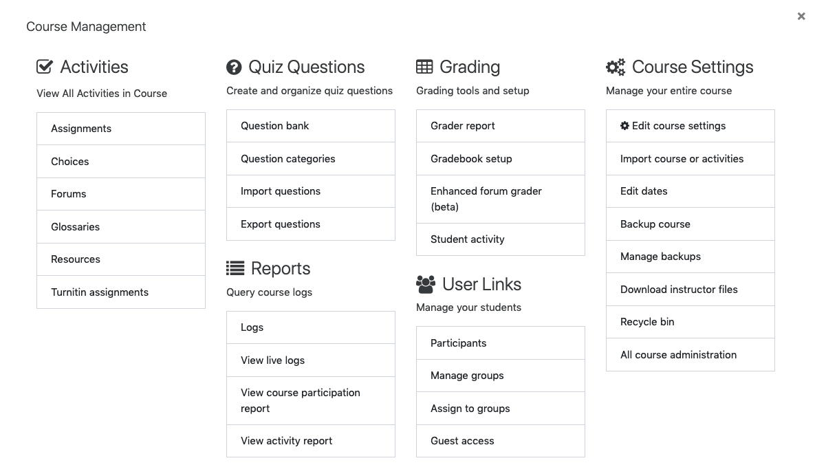 Course Management Panel Screenshot showing four columns of settings