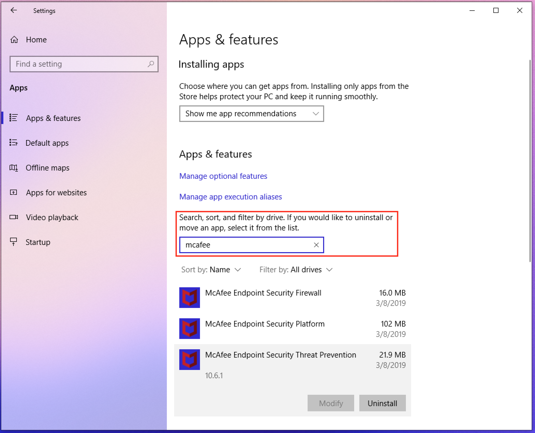 Searching apps and features for McAfee