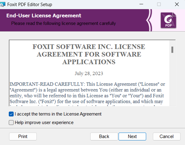 This screenshot of the Foxit PDF Editor Setup window displaying the End-User License Agreement provides options to accept the terms and proceed with the installation or cancel it, with a checkmark next to "I accept the terms in the License Agreement" and the next button highlighted.