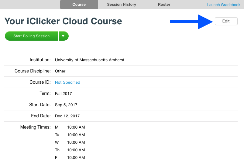 iClicker course settings; blue arrow pointing to Edit