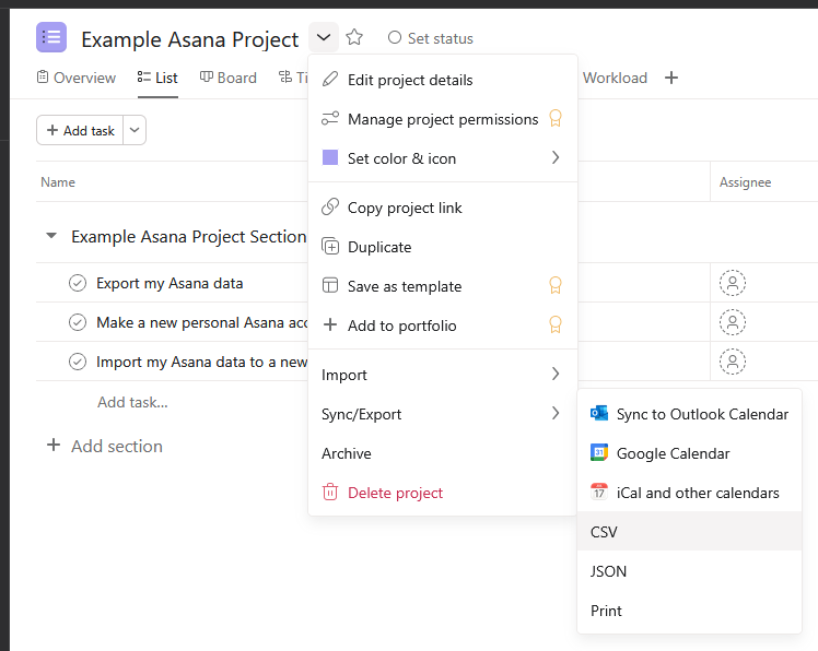 Selecting the CSV export option for a project in Asana