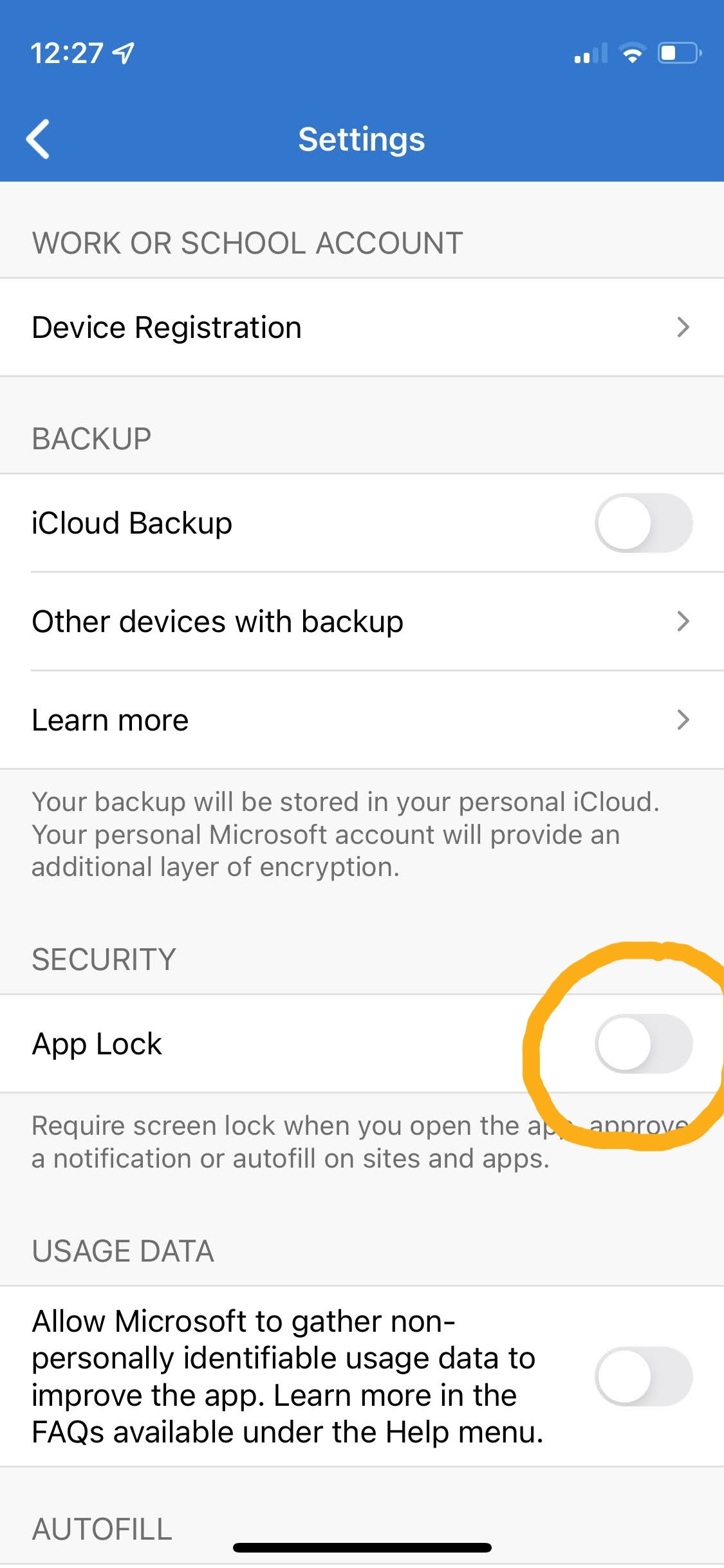 turning off App Lock in authenticator app settings