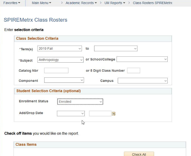 SPIREMetrx Class Rosters page showing fields