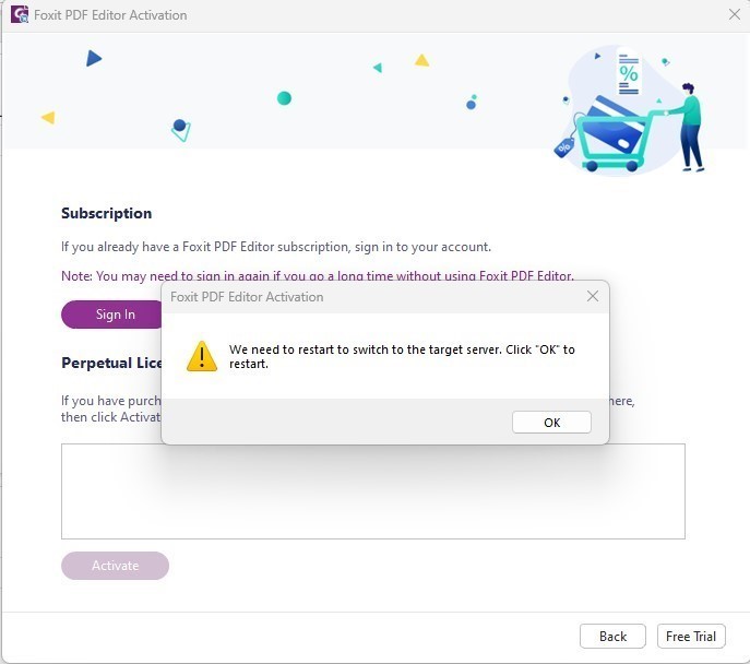 A pop-up window for Foxit PDF Editor Activation, indicating a need to restart to switch to the target server, overlaid on a background with options for subscription and perpetual license.