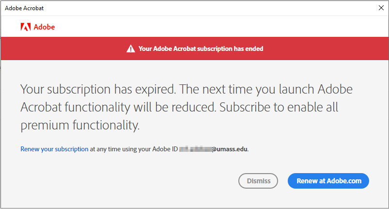 screen shot of Adobe expired subscription message