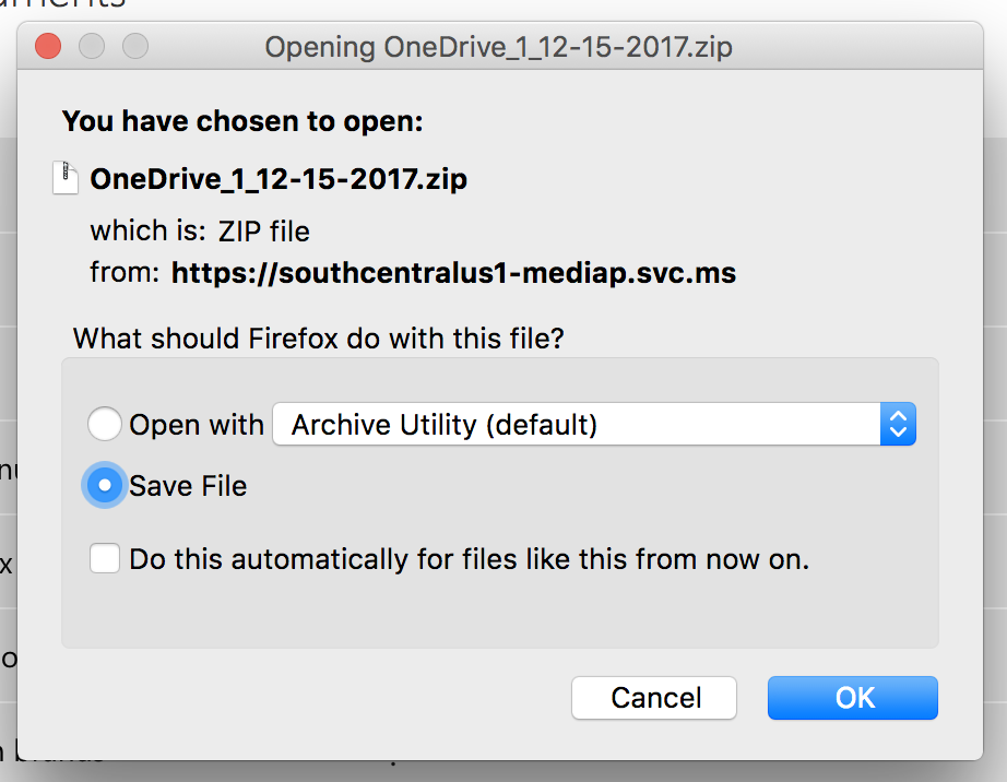 Dialog confirming that the user wants to download the file