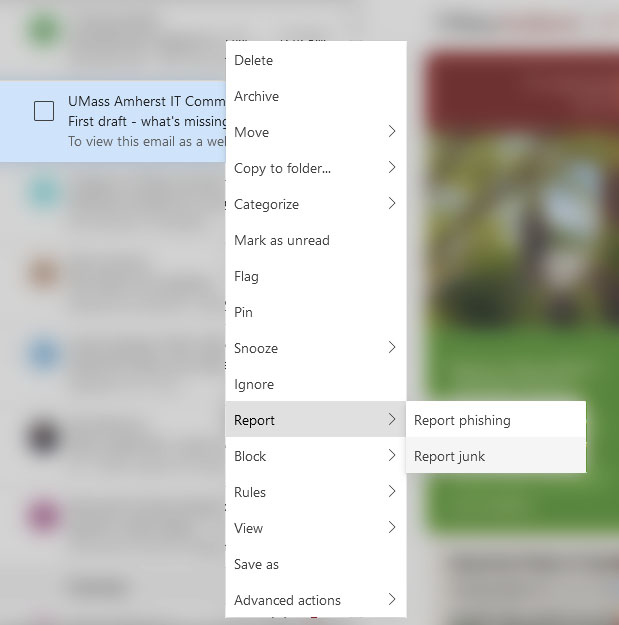 Reporting phishing in outlook web app