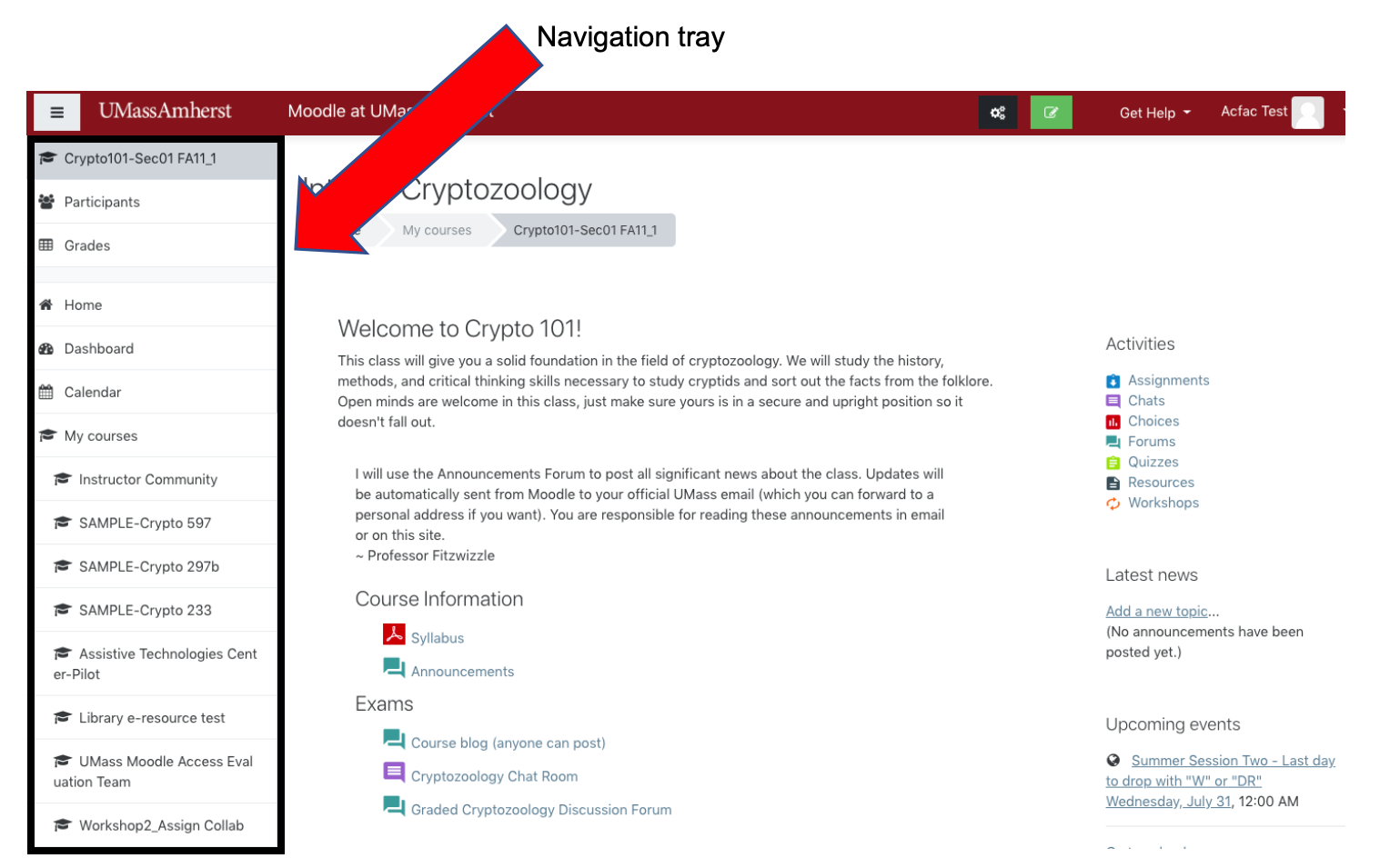 Arrow pointing to the Moodle navigation tray (left column menu)