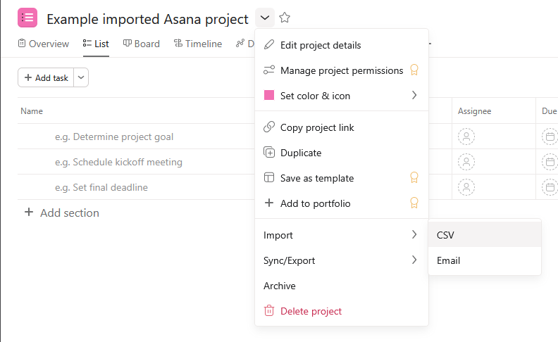 Empty Asana project, preparing to import previously exported data