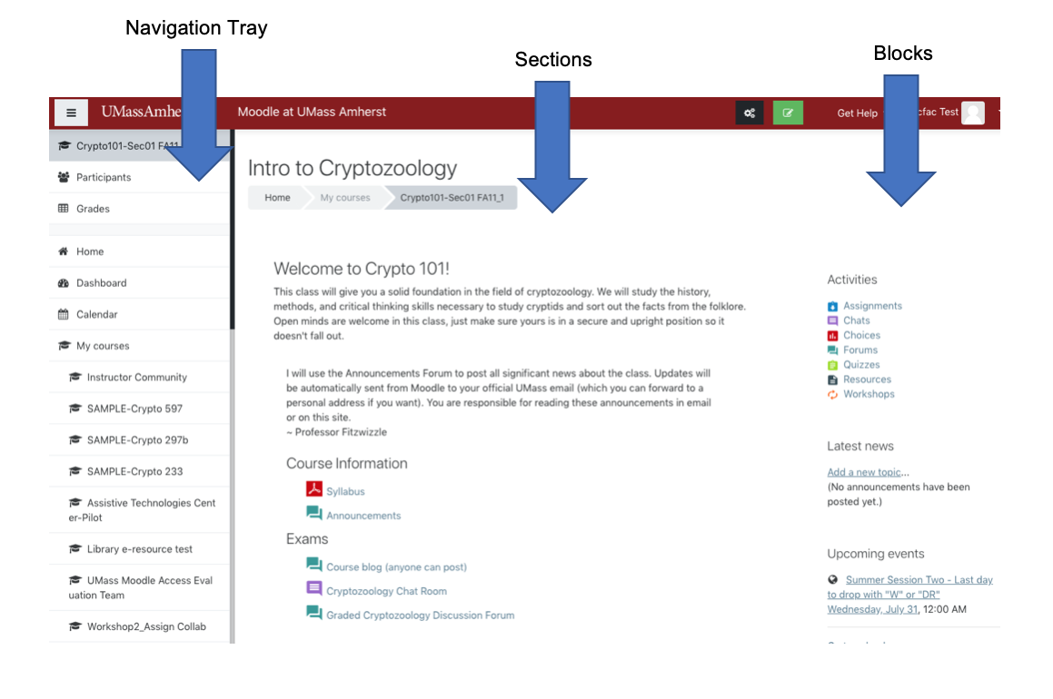 Navigation Tray (on left), Sections (in middle), and Blocks (to right) Screenshot annotated. 