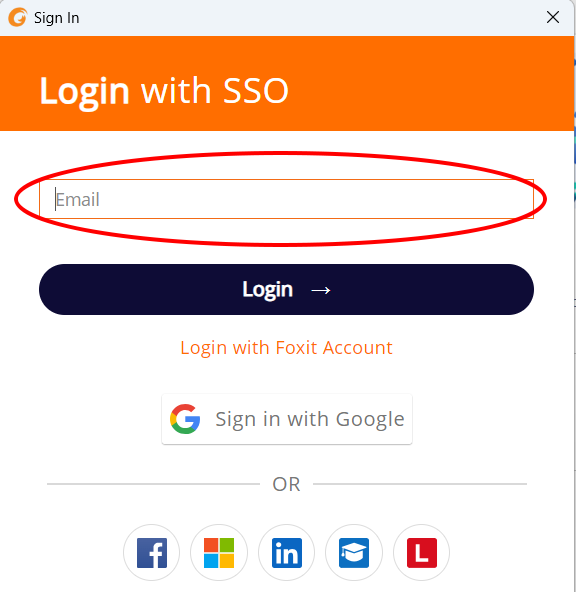 Screenshot of a login screen with an email input field highlighted by a red circle, featuring additional google and social media login options.