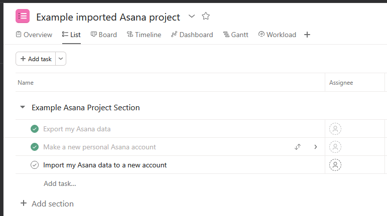 Example re-imported Asana tasks in a project