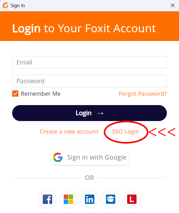 screen shot of Foxit login screen