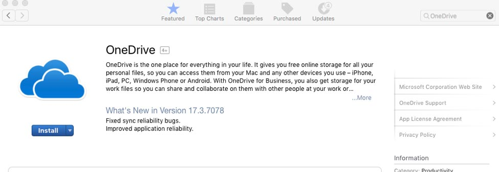 OneDrive in the Mac app store