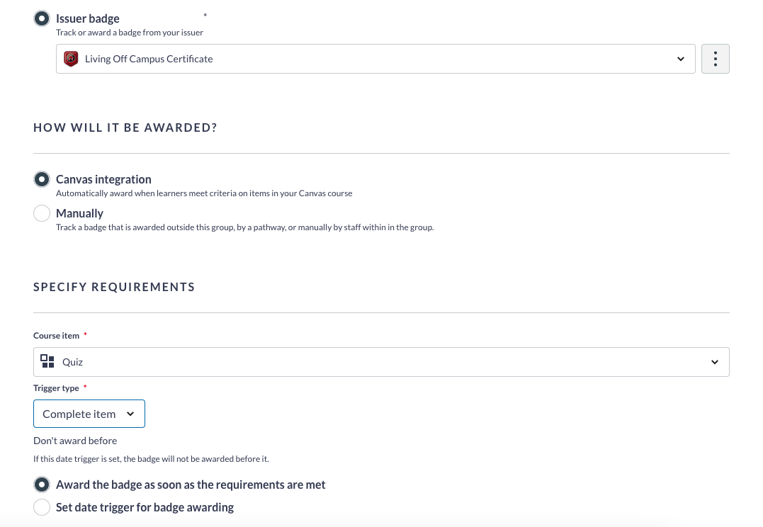 Options to set how the badge will be awarded