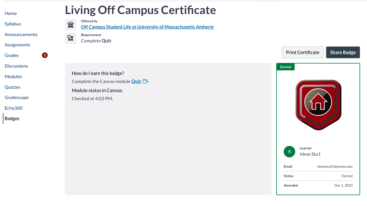 Student's view of the badge 