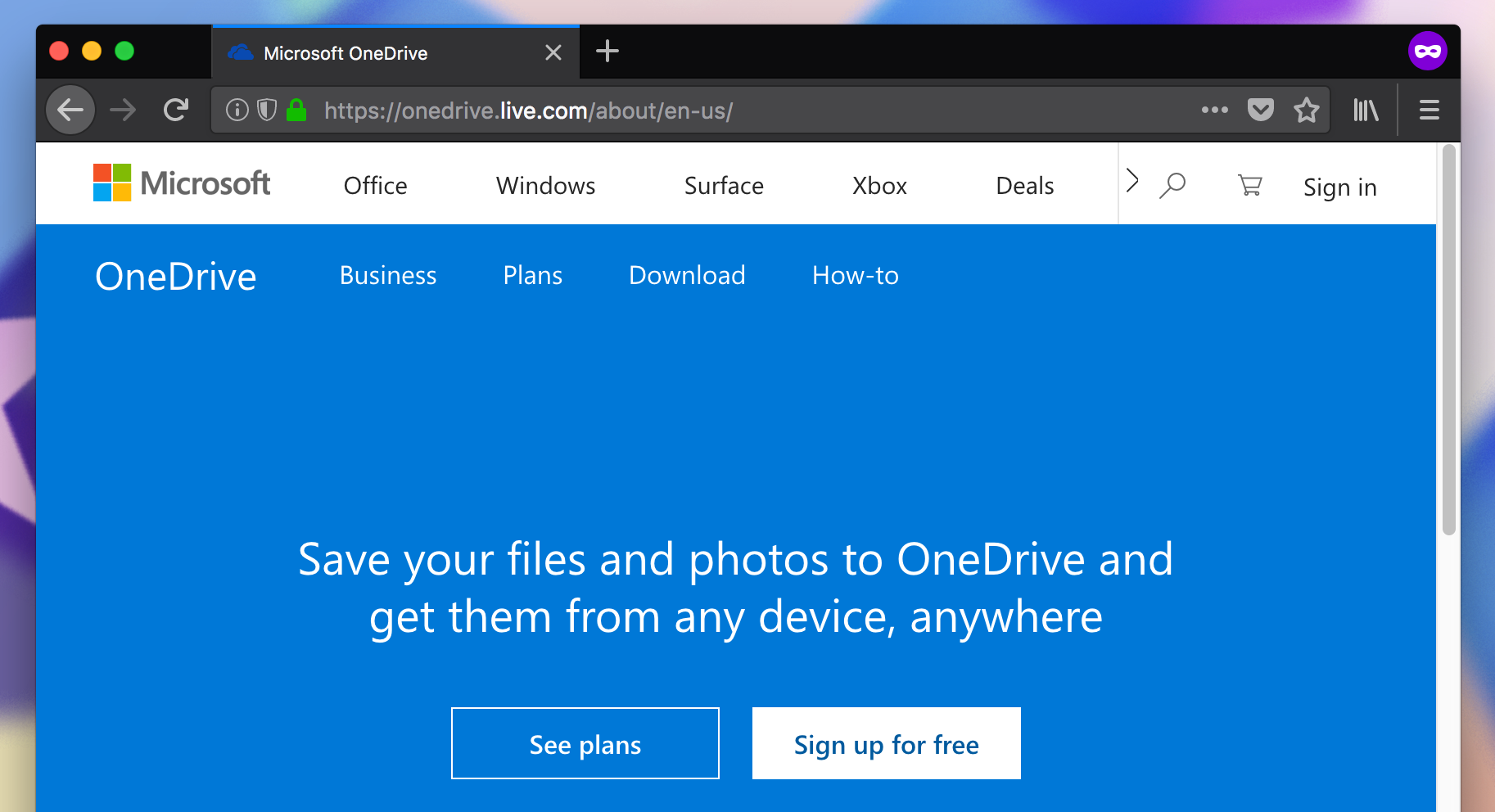OneDrive dot live dot com landing page showing the sign in button in the upper right