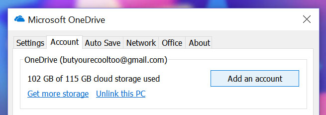Add account button in OneDrive settings