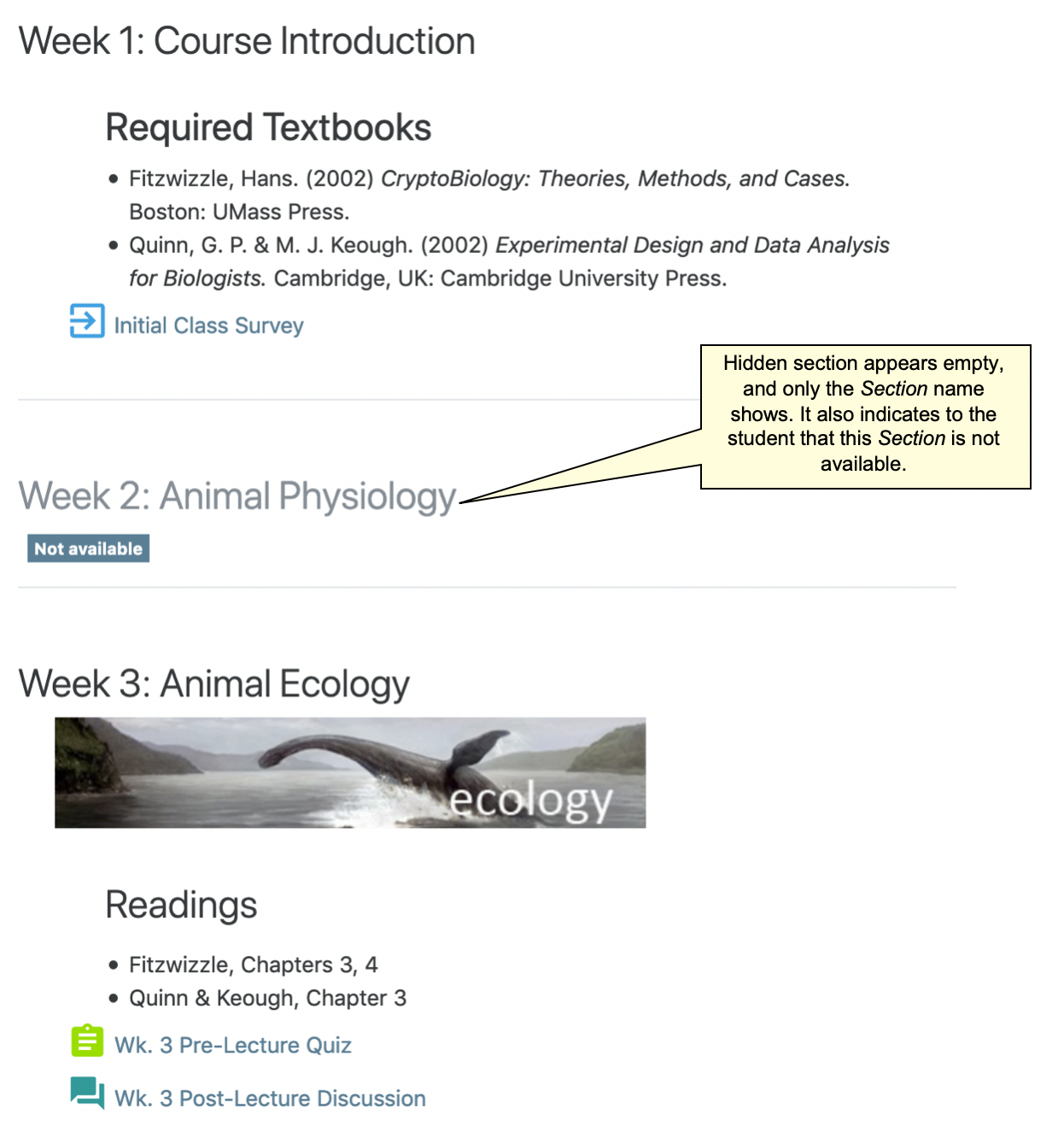 Screenshot of collapsed section hidden from student view