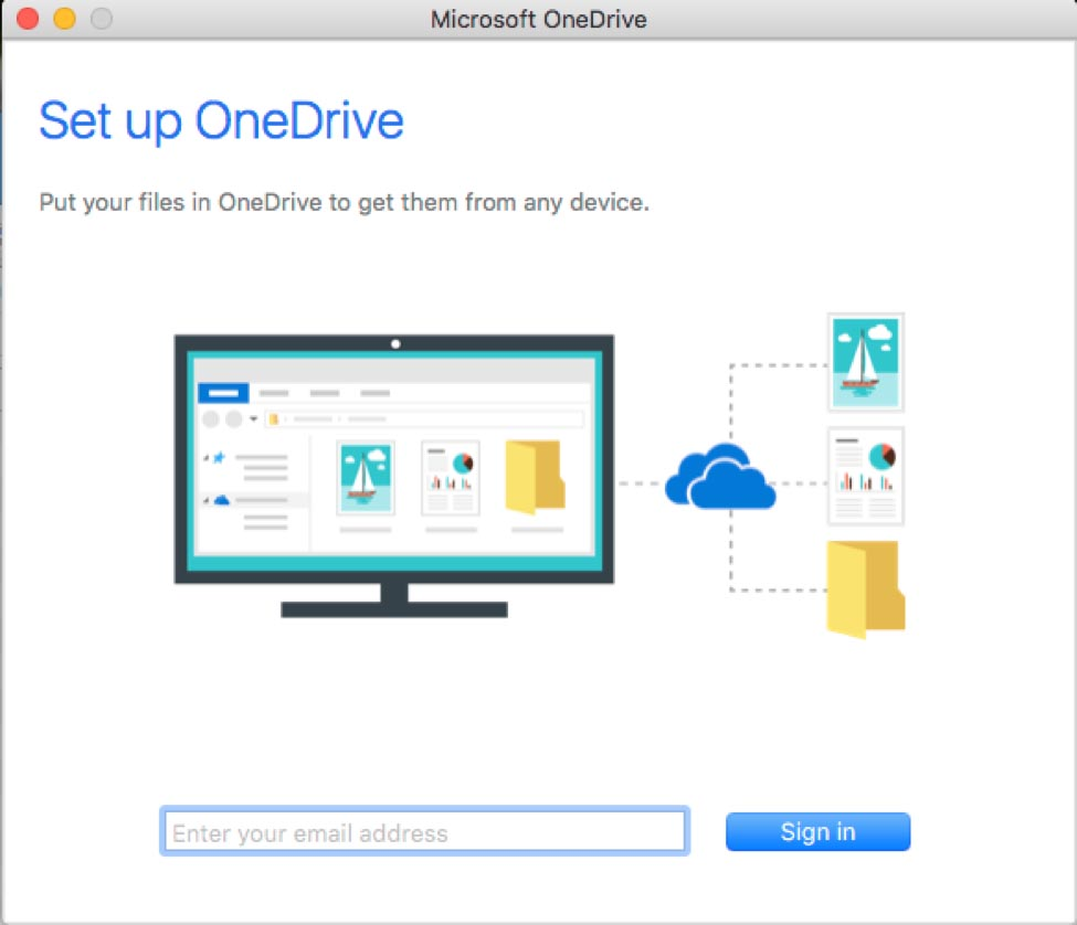 OneDrive Mac app login screen