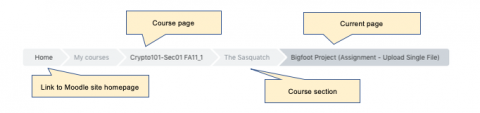 Breadcrumb bar annotated screenshot indicating that it can be used to navigate to the Course page, the section, and Current location