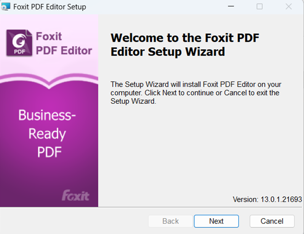  This screenshot of the Foxit PDF Editor Setup Wizard window displays options to proceed with the installation or cancel it, and the next button is highlighted.