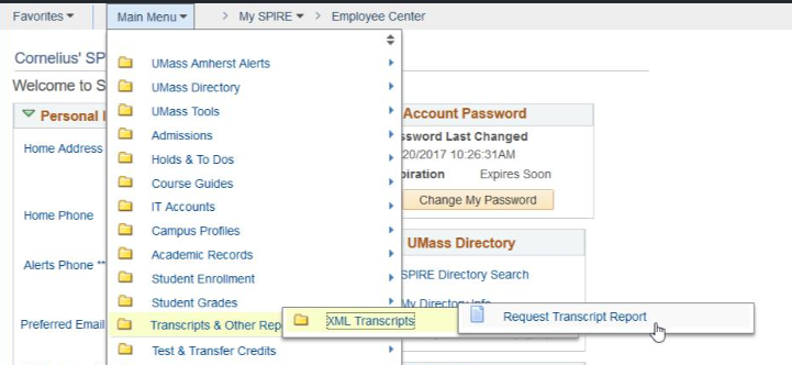 screenshot showing xml transcripts > request transcript report